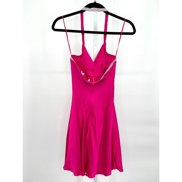 ASTR the Label Sicily Fuchsia Satin Halter Rhinestone Trim Mini dress Small‎ - Picture 4 of 11